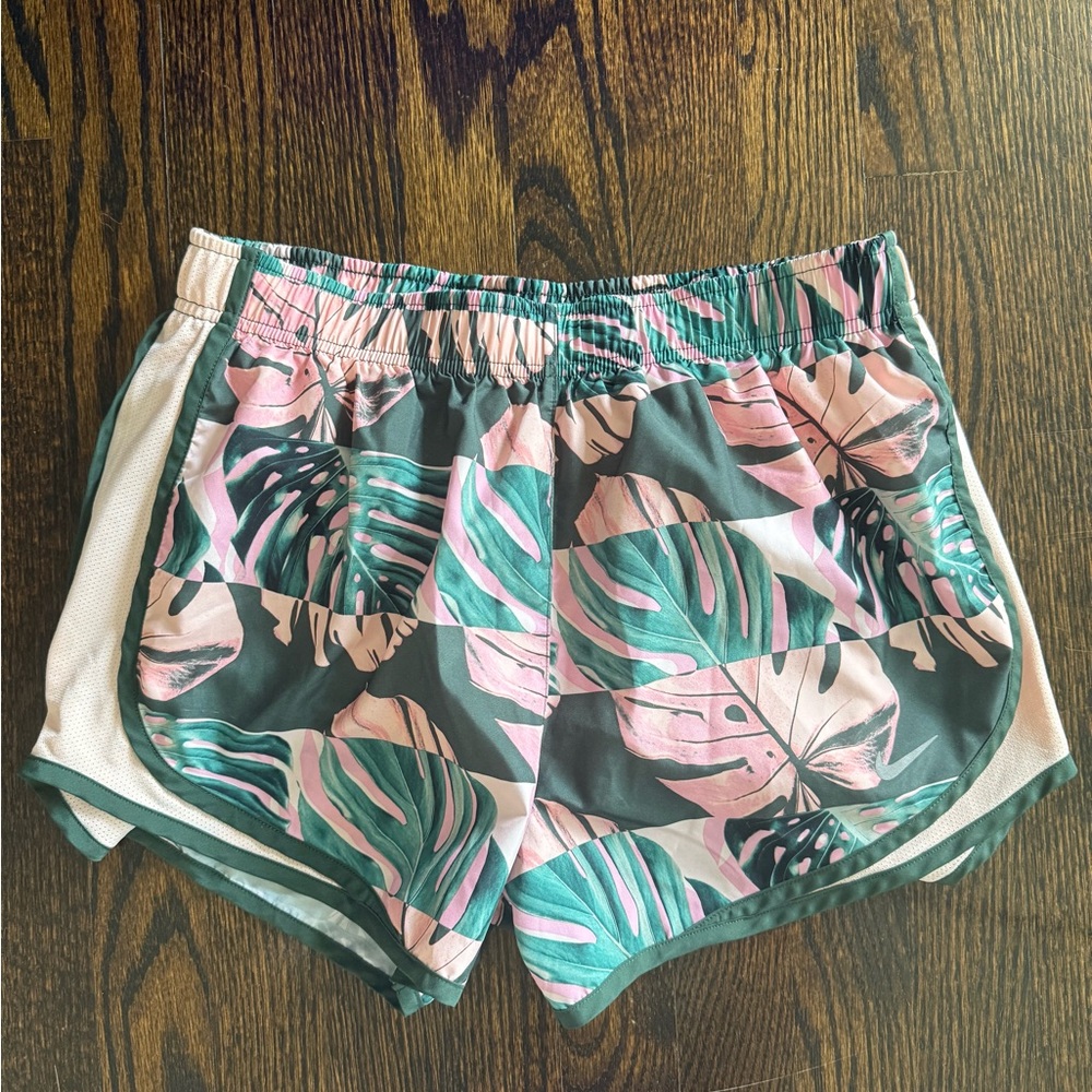 Nike Pink and Green Athletic Shorts with Tropical Print
